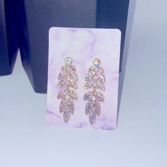 Iridescent Rhinestone Gold Leaf Post Drop Earrings - Picture 3 of 6